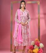 Pink foliage printed gathered georgette suit set with dupatta
