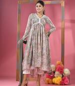 Pistachio green foliage printed gathered georgette suit set with dupatta