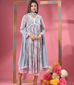 Grey foliage printed gathered georgette suit set with dupatta