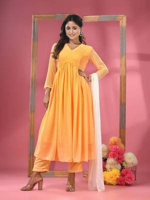 Yellow embellished gathered georgette suit set with dupatta 1