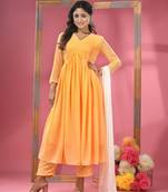 Yellow embellished gathered georgette suit set with dupatta