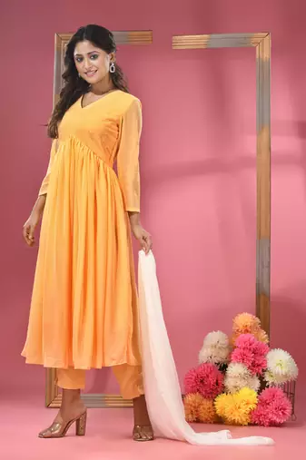 Yellow embellished gathered georgette suit set with dupatta
