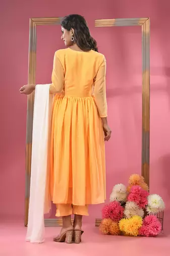 Yellow embellished gathered georgette suit set with dupatta