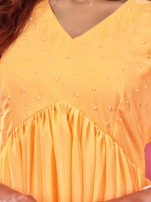 Yellow embellished gathered georgette suit set with dupatta 4