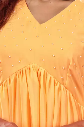 Yellow embellished gathered georgette suit set with dupatta