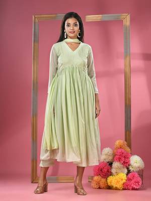 Tea green embellished gathered georgette suit set with dupatta 1