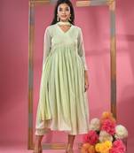 Tea green embellished gathered georgette suit set with dupatta