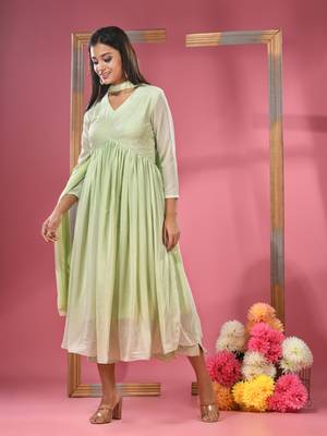 Tea green embellished gathered georgette suit set with dupatta 2