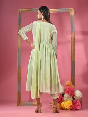 Tea green embellished gathered georgette suit set with dupatta 3