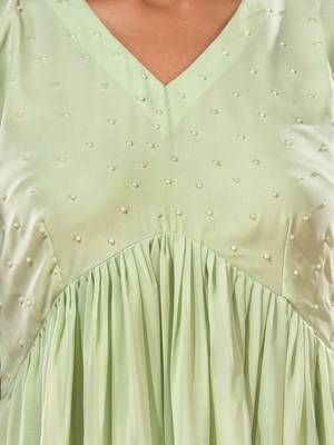 Tea green embellished gathered georgette suit set with dupatta 4