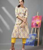 White & yellow cotton floral printed kurta & pant set