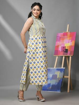 White cotton kurta & pant set with floral print & stripes 2