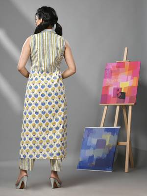 White cotton kurta & pant set with floral print & stripes 3