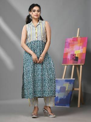 White & teal cotton kurta-pant set with floral print & stripes 1