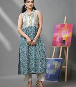 White & teal cotton kurta-pant set with floral print & stripes