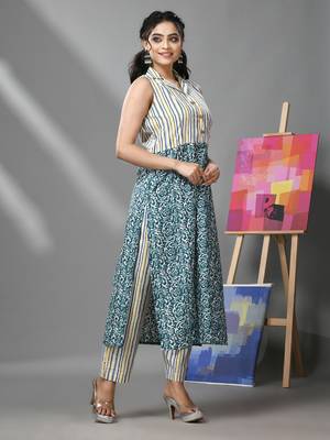 White & teal cotton kurta-pant set with floral print & stripes 2