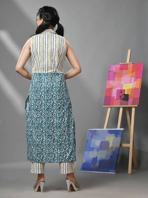 White & teal cotton kurta-pant set with floral print & stripes 3