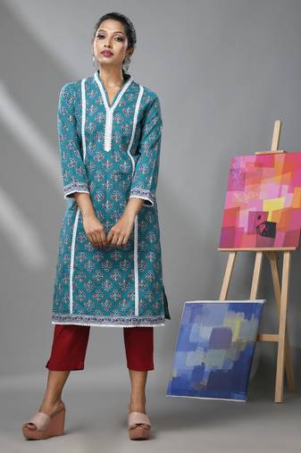 Sea green cotton floral printed kurta & pant set with lace