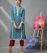 Sea green cotton floral printed kurta & pant set with lace