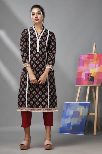 Black cotton floral printed kurta & pant set with lace
