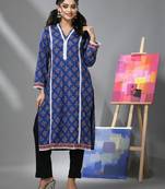 Blue cotton floral printed kurta & pant set with lace