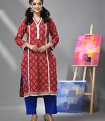 Red cotton floral printed kurta & pant set with lace