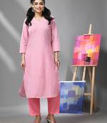 White & pink chevron printed kurta & pant set