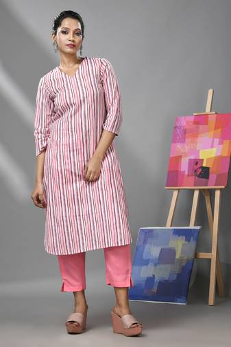 White & pink striped kurta & pant set