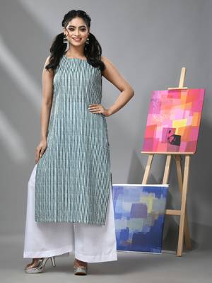 White & teal striped sleeveless kurta & palazzo set 1