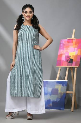 White & teal striped sleeveless kurta & palazzo set