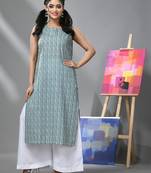 White & teal striped sleeveless kurta & palazzo set