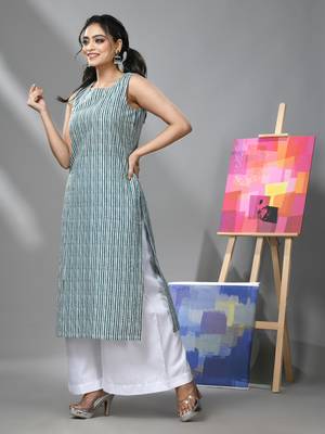 White & teal striped sleeveless kurta & palazzo set 2