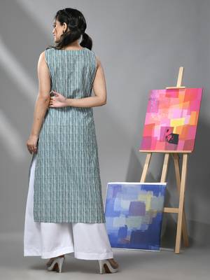 White & teal striped sleeveless kurta & palazzo set 3