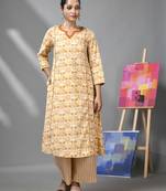 White & mustard yellow cotton kurta & palazzo set with ethnic prints