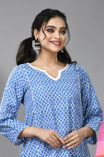 Blue cotton kurta & palazzo set with ethnic prints