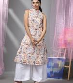 White cotton halter neck tribal printed kurta & palazzo set