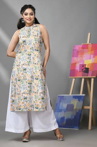White cotton halter neck tribal printed kurta & palazzo set