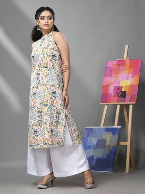 White cotton halter neck tribal printed kurta & palazzo set 2