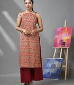 Red cotton paisley printed kurta & palazzo set with noodle straps