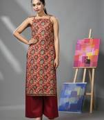 Dark red cotton floral printed kurta & palazzo set with noodle straps