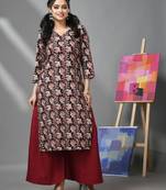 Black & maroon cotton floral printed kurta & palazzo set