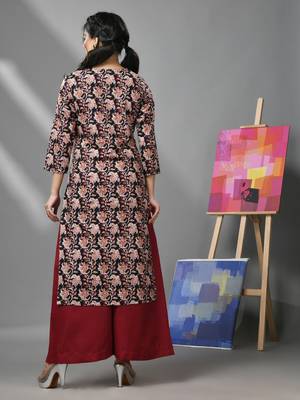 Black & maroon cotton floral printed kurta & palazzo set 3