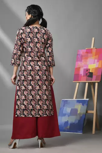 Black & maroon cotton floral printed kurta & palazzo set