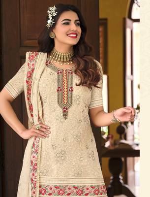 Cream faux georgette with embroidery work full stiched  suit set 1