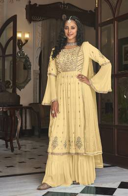 designer yellow faux georgette with embroidery work full stiched  suit set 1