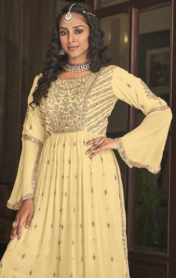 designer yellow faux georgette with embroidery work full stiched  suit set 2