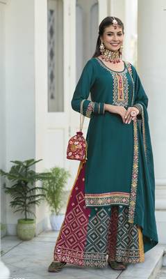 Gold  faux georgette with embroidery work full stiched  suit set 1
