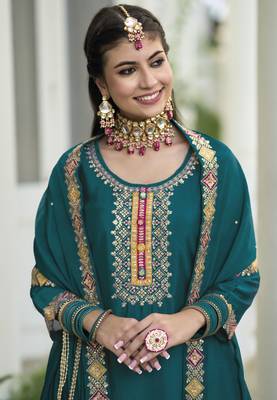 Gold  faux georgette with embroidery work full stiched  suit set 2