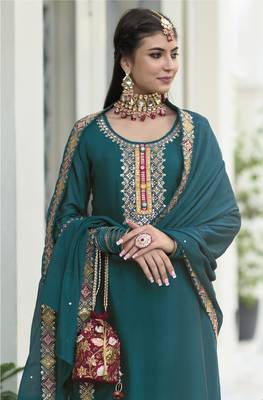 Gold  faux georgette with embroidery work full stiched  suit set 3