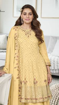 Yellow chinon with embroidery work full stiched  suit set 2